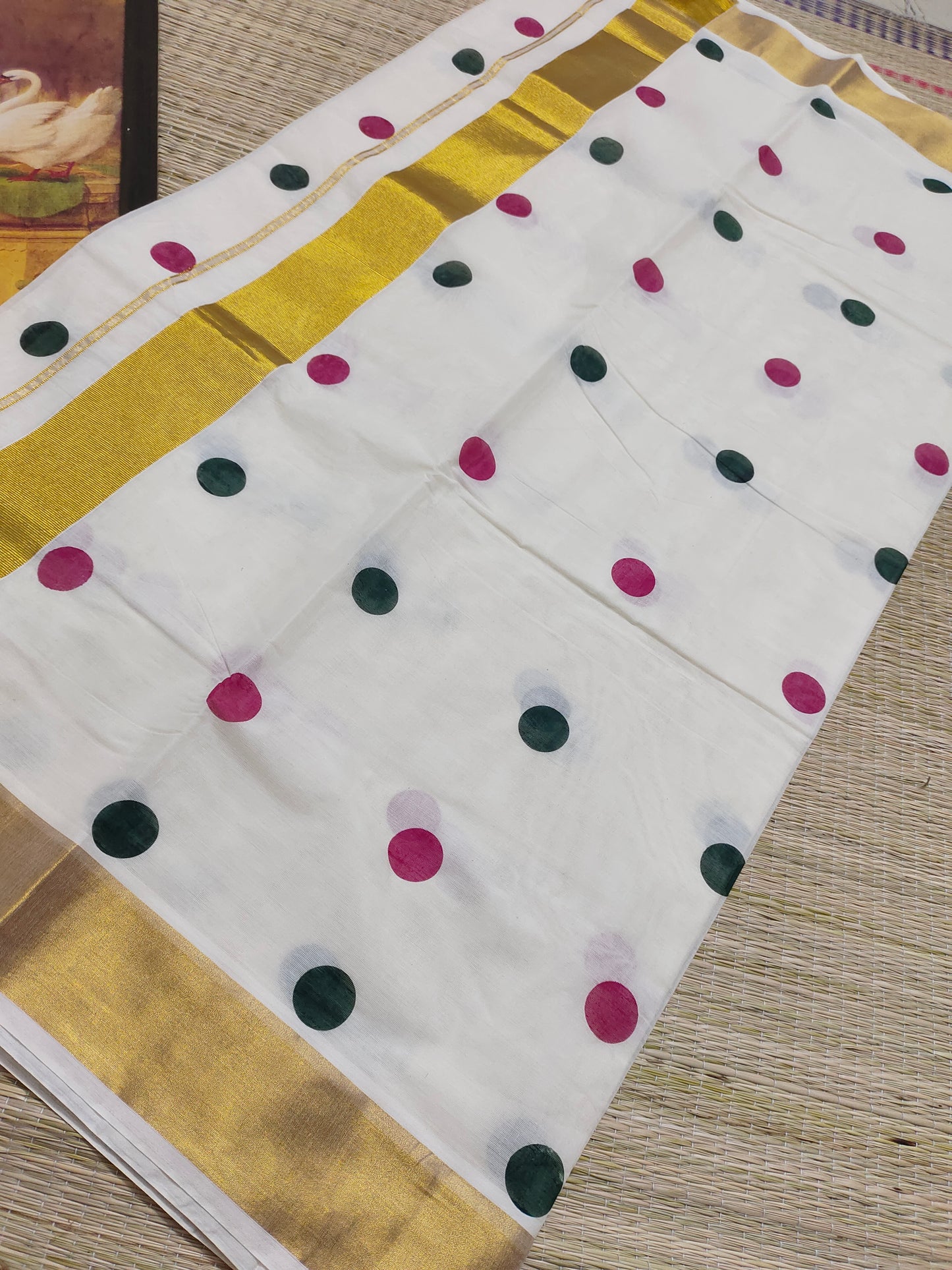 Trending Polka Dots on Premium Kerala Kasavu  Saree- WITH SATIN BLOUSE (1 MTR)