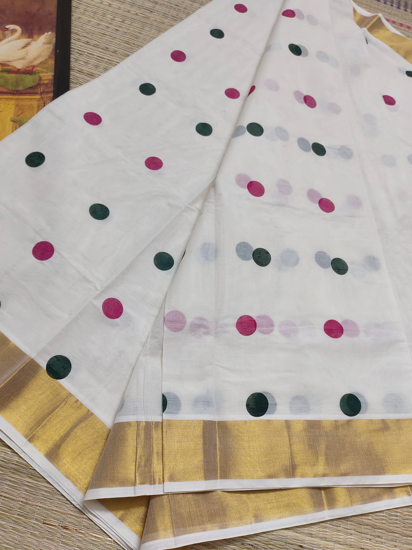 Trending Polka Dots on Premium Kerala Kasavu  Saree- WITH SATIN BLOUSE (1 MTR)