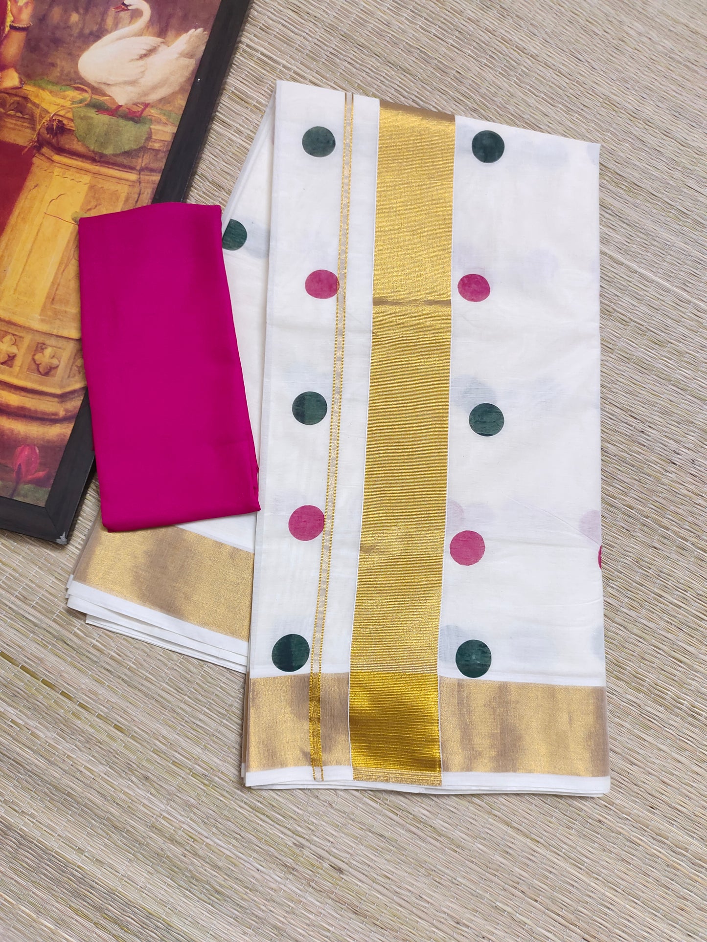 Trending Polka Dots on Premium Kerala Kasavu  Saree- WITH SATIN BLOUSE (1 MTR)