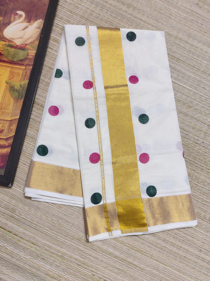Trending Polka Dots on Premium Kerala Kasavu  Saree- WITH SATIN BLOUSE (1 MTR)