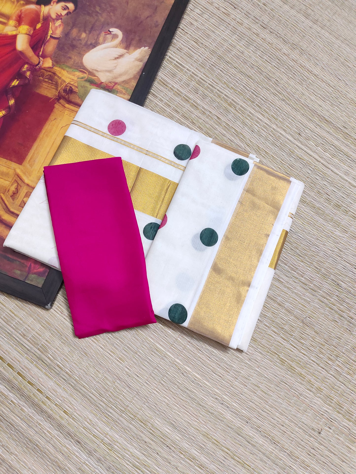 Trending Polka Dots on Premium Kerala Kasavu  Saree- WITH SATIN BLOUSE (1 MTR)