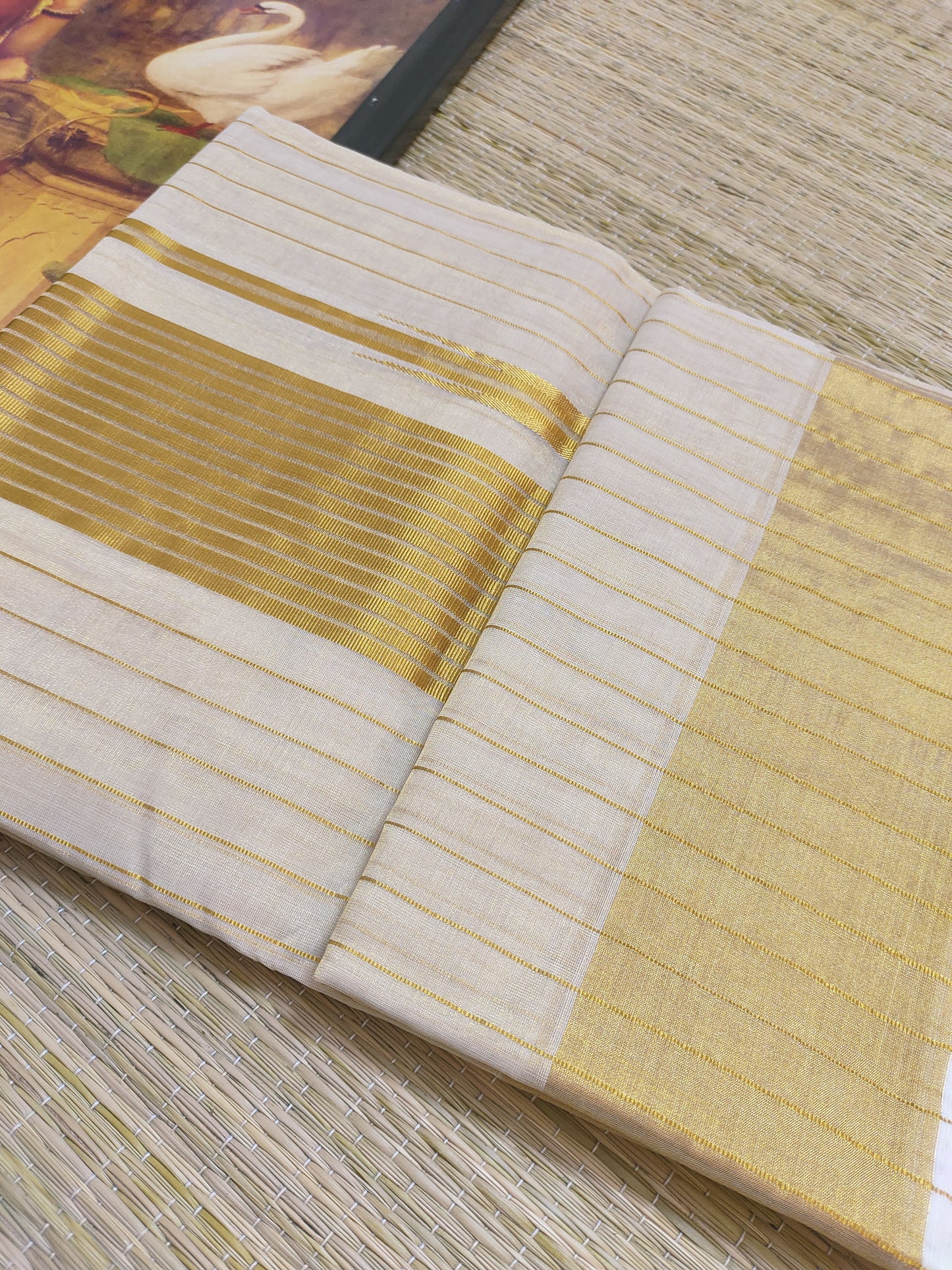 Kuthampully Premium tissue handloom saree  with all-over stripes