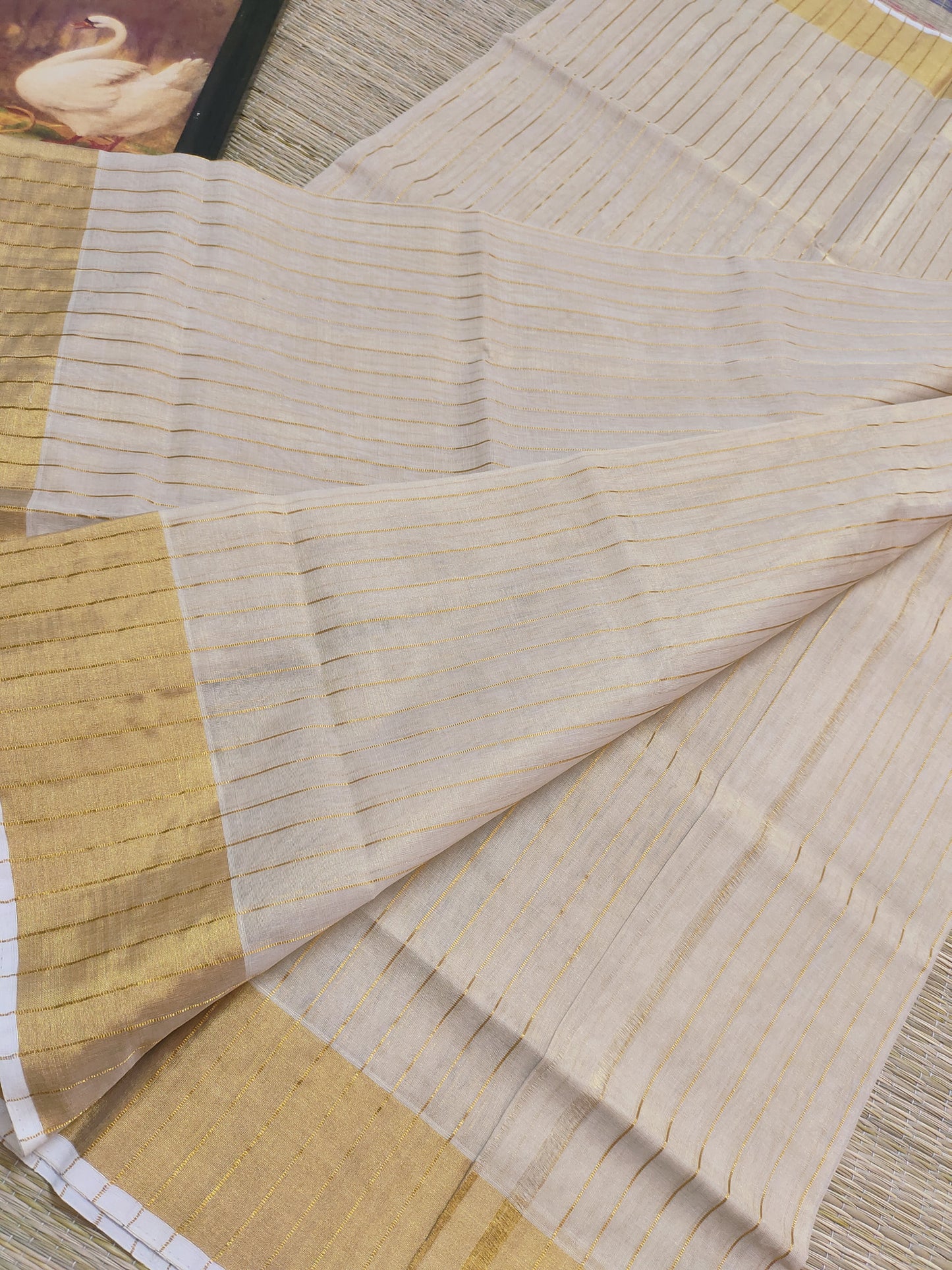 Kuthampully Premium tissue handloom saree  with all-over stripes