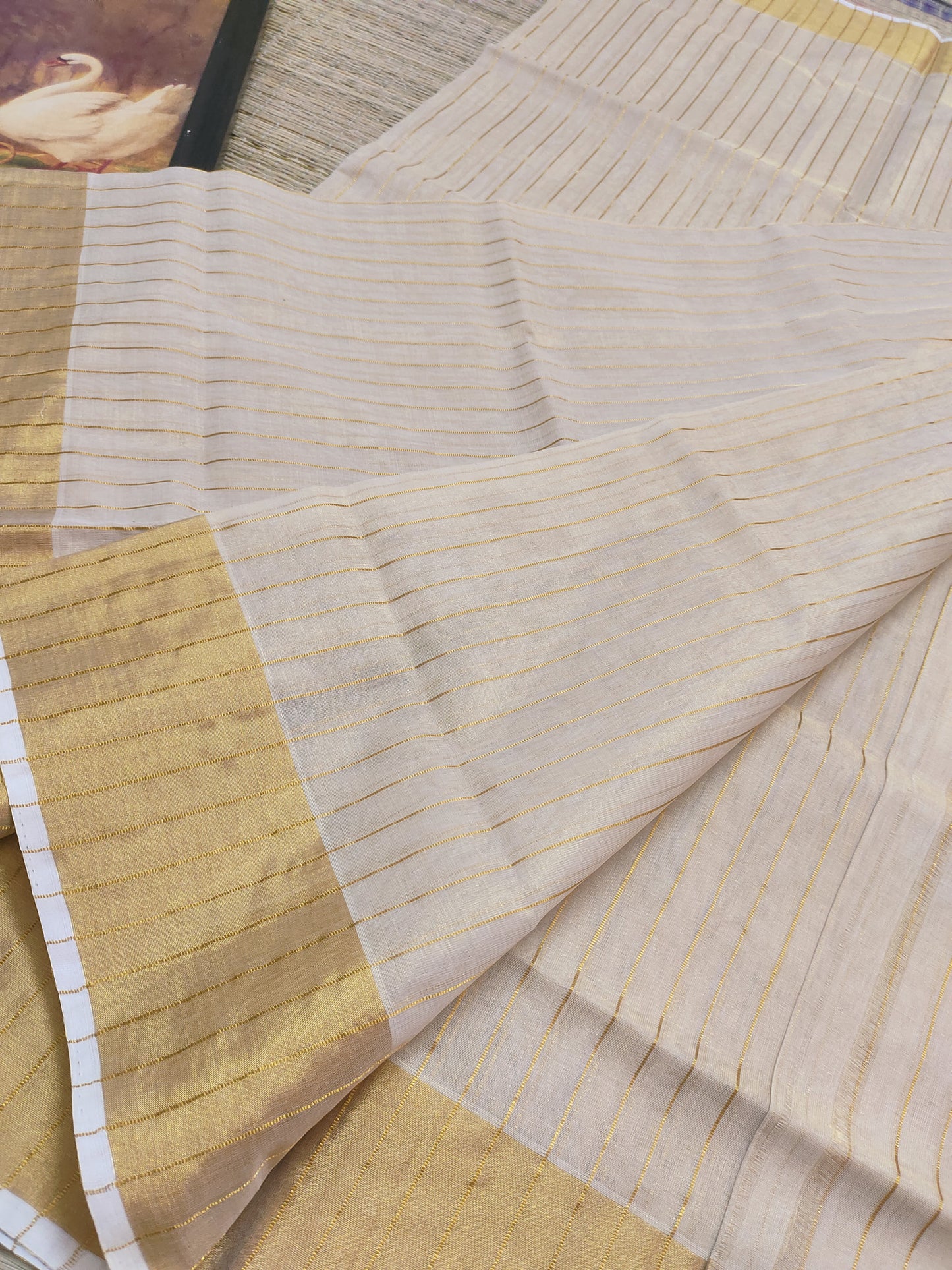 Kuthampully Premium tissue handloom saree  with all-over stripes