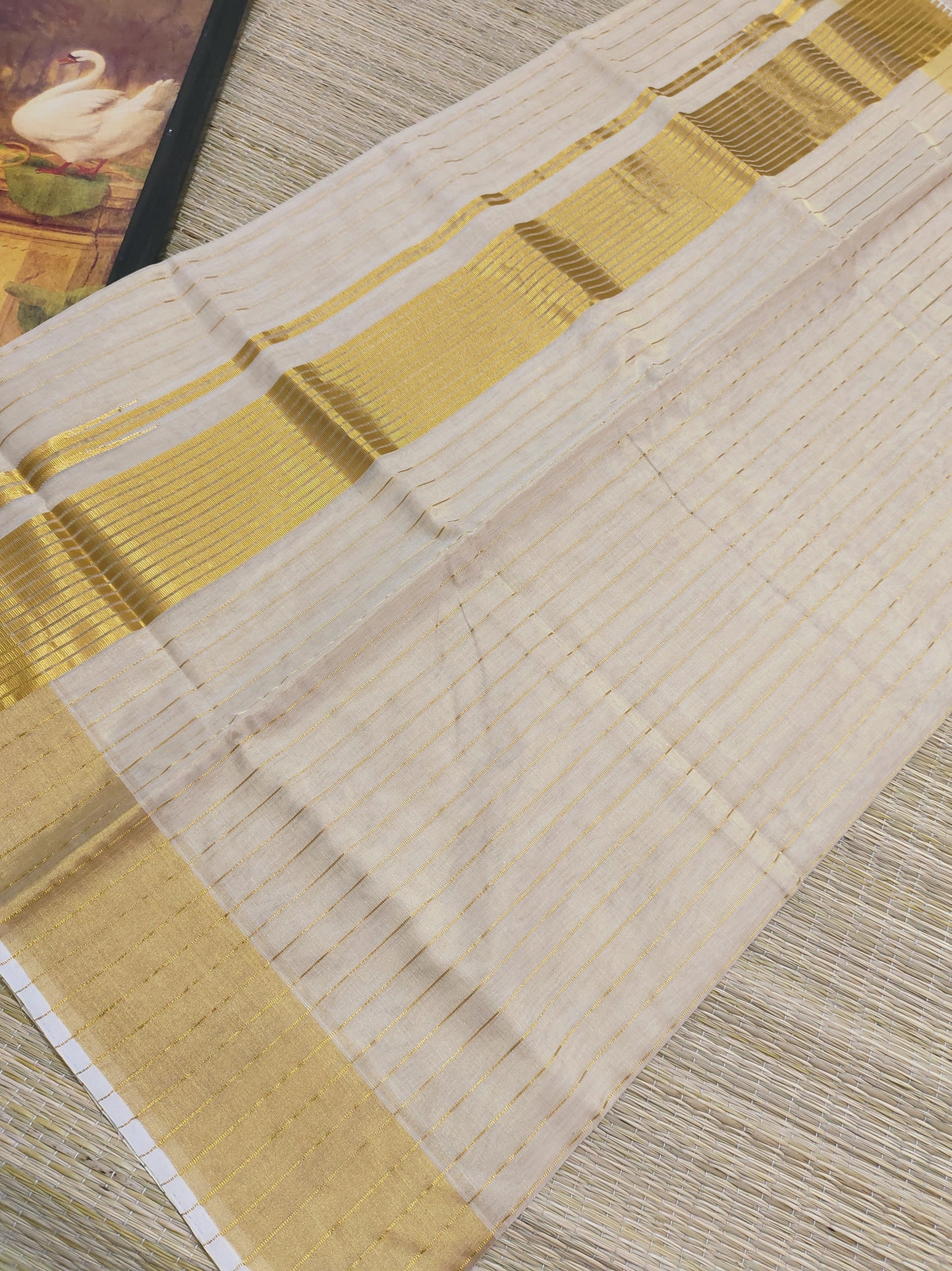 Kuthampully Premium tissue handloom saree  with all-over stripes
