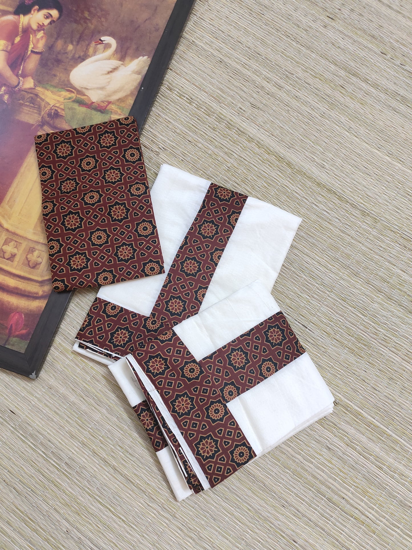 Pure cotton Kerala Set Mundu with Ajrakh patchwork and matching Ajrakh printed blouse (2.80m).