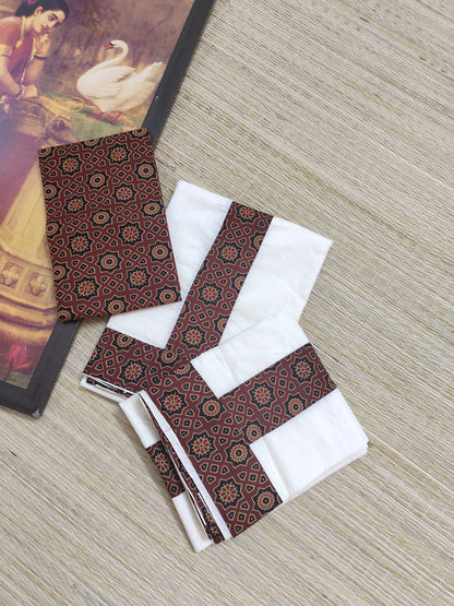 Pure cotton Kerala Set Mundu with Ajrakh patchwork and matching Ajrakh printed blouse (2.80m).