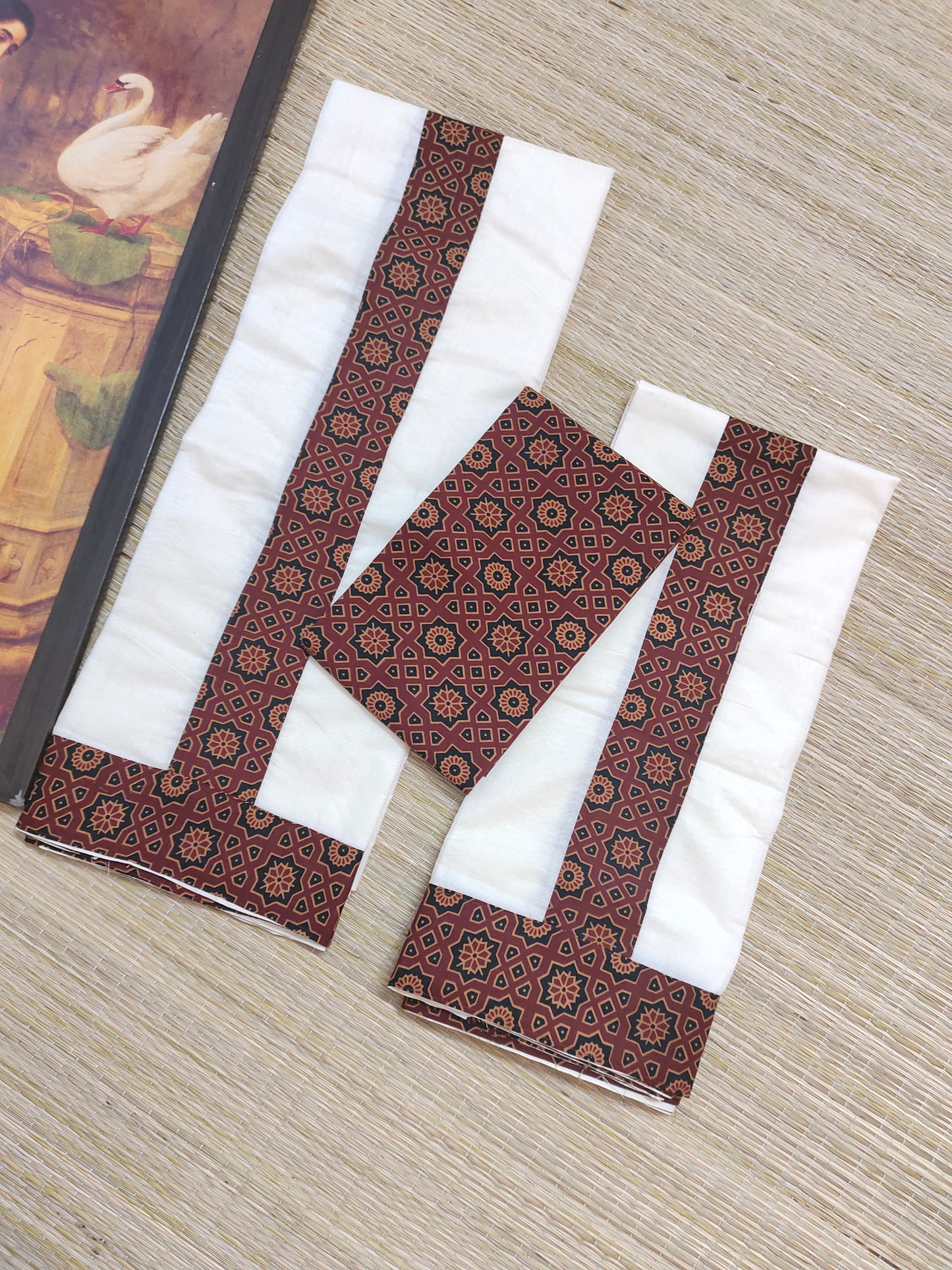 Pure cotton Kerala Set Mundu with Ajrakh patchwork and matching Ajrakh printed blouse (2.80m).