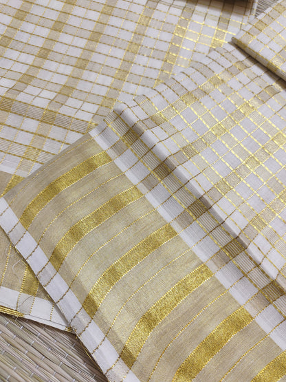 Premium cotton Kerala Set Mundu featuring all-over zari checks (2.80m).