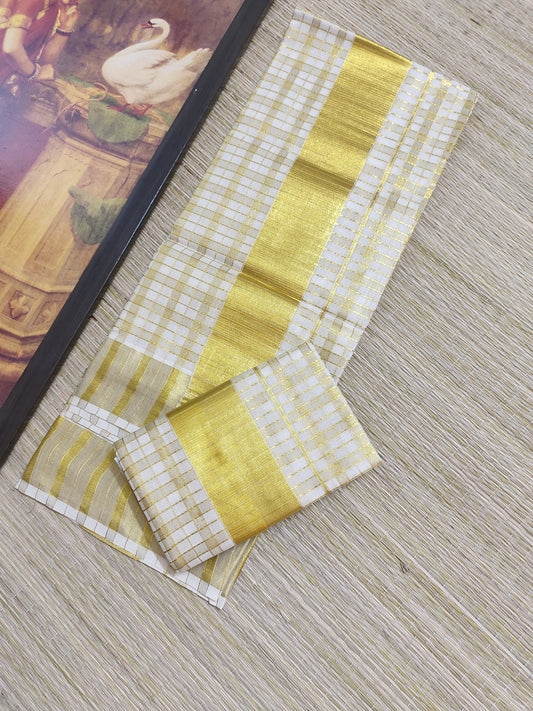 Premium cotton Kerala Set Mundu featuring all-over zari checks (2.80m).