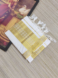Premium cotton saree featuring all-over stripes and tassels