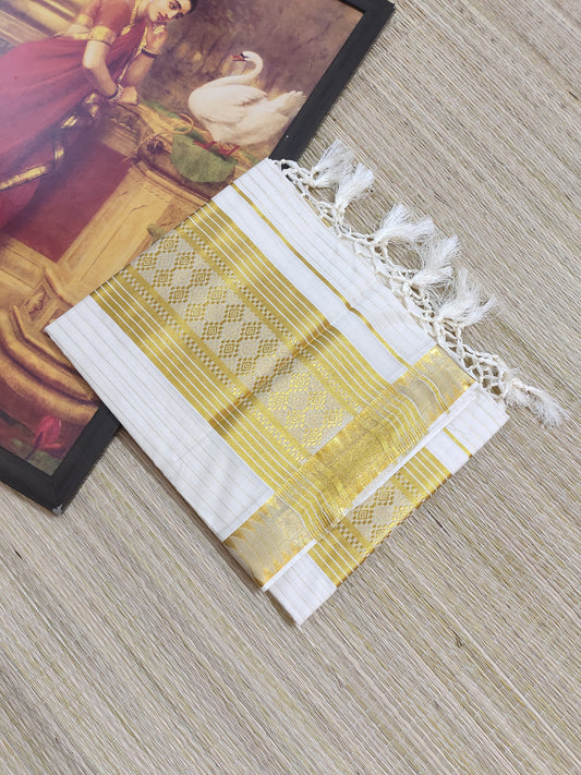 Premium cotton saree featuring all-over stripes and tassels