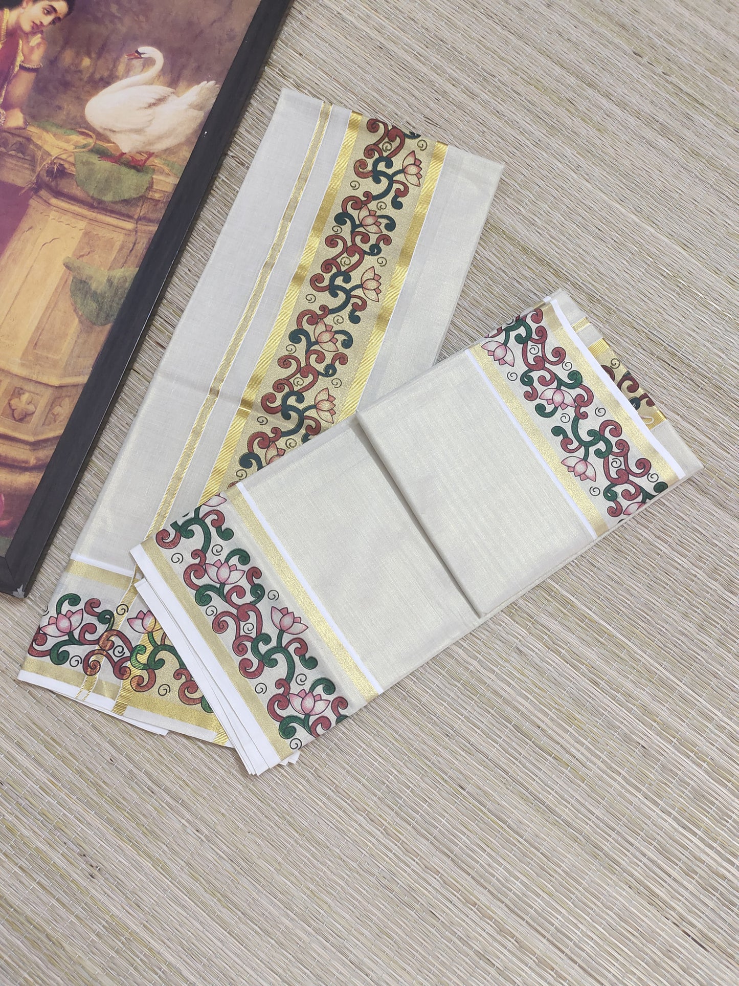 Tissue Set Mundu featuring beautiful lotus mural prints