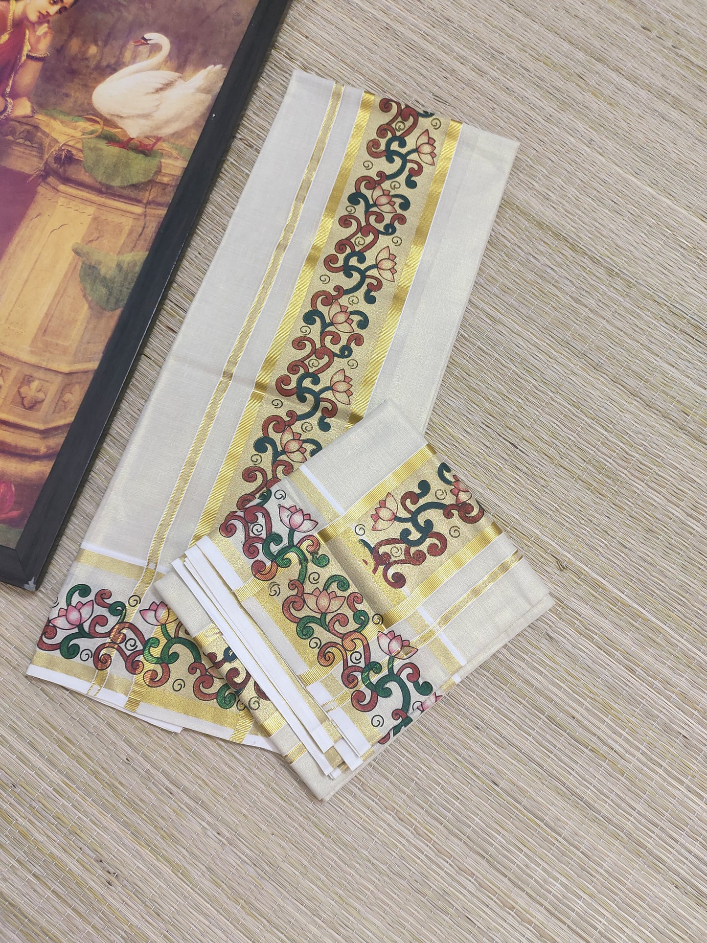 Tissue Set Mundu featuring beautiful lotus mural prints