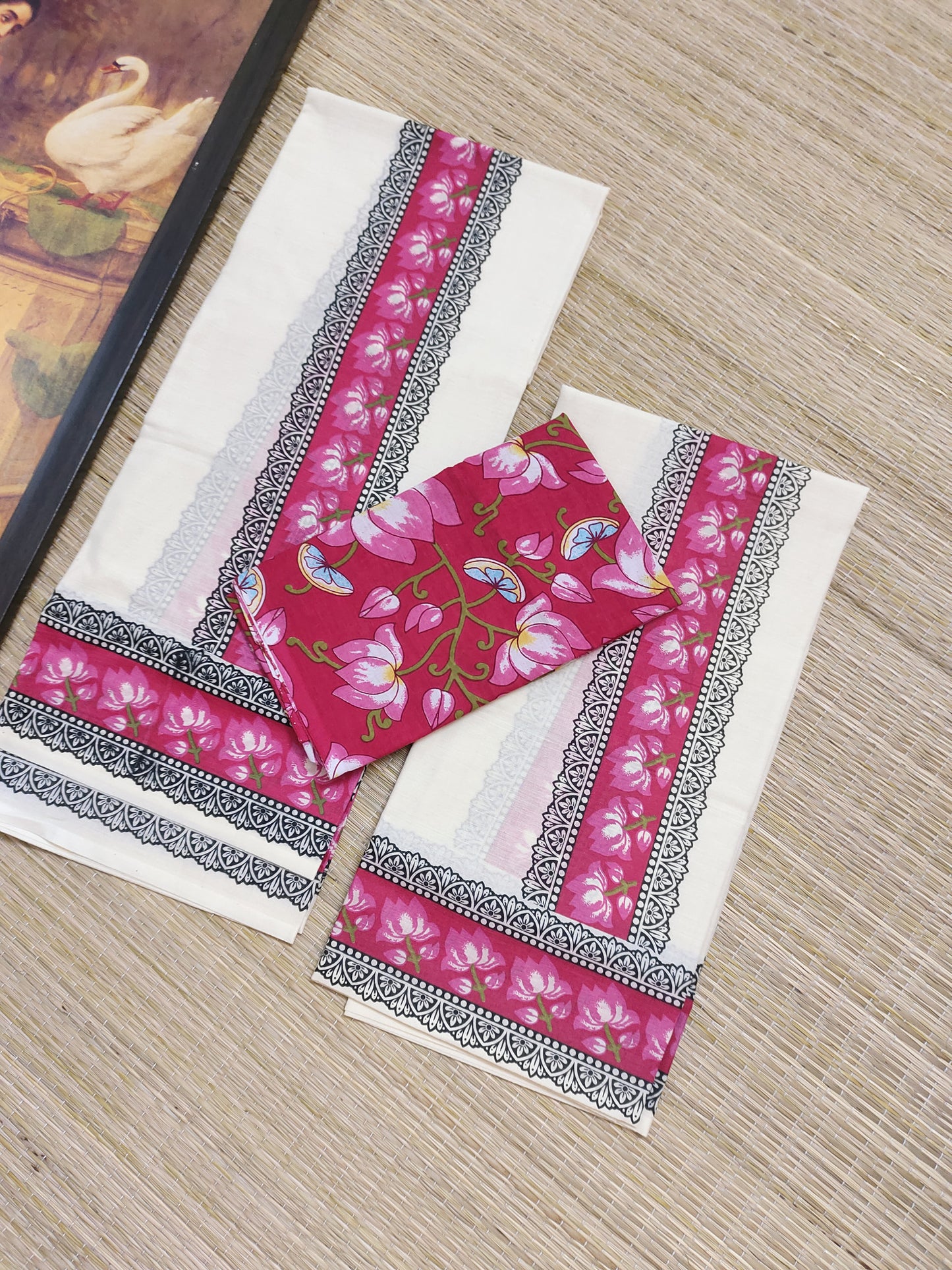 Cotton Set Mundu  in floral prints and a matching floral printed cotton blouse (2.80m).