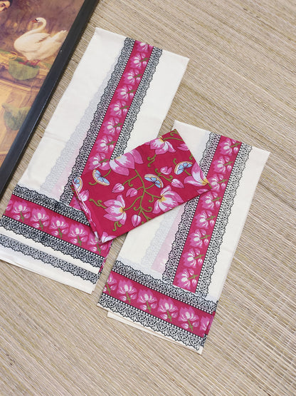 Cotton Set Mundu  in floral prints and a matching floral printed cotton blouse (2.80m).