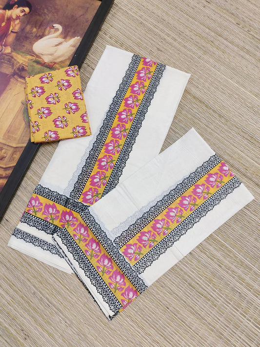 Cotton Set Mundu  in floral prints and a matching floral printed cotton blouse (2.80m).