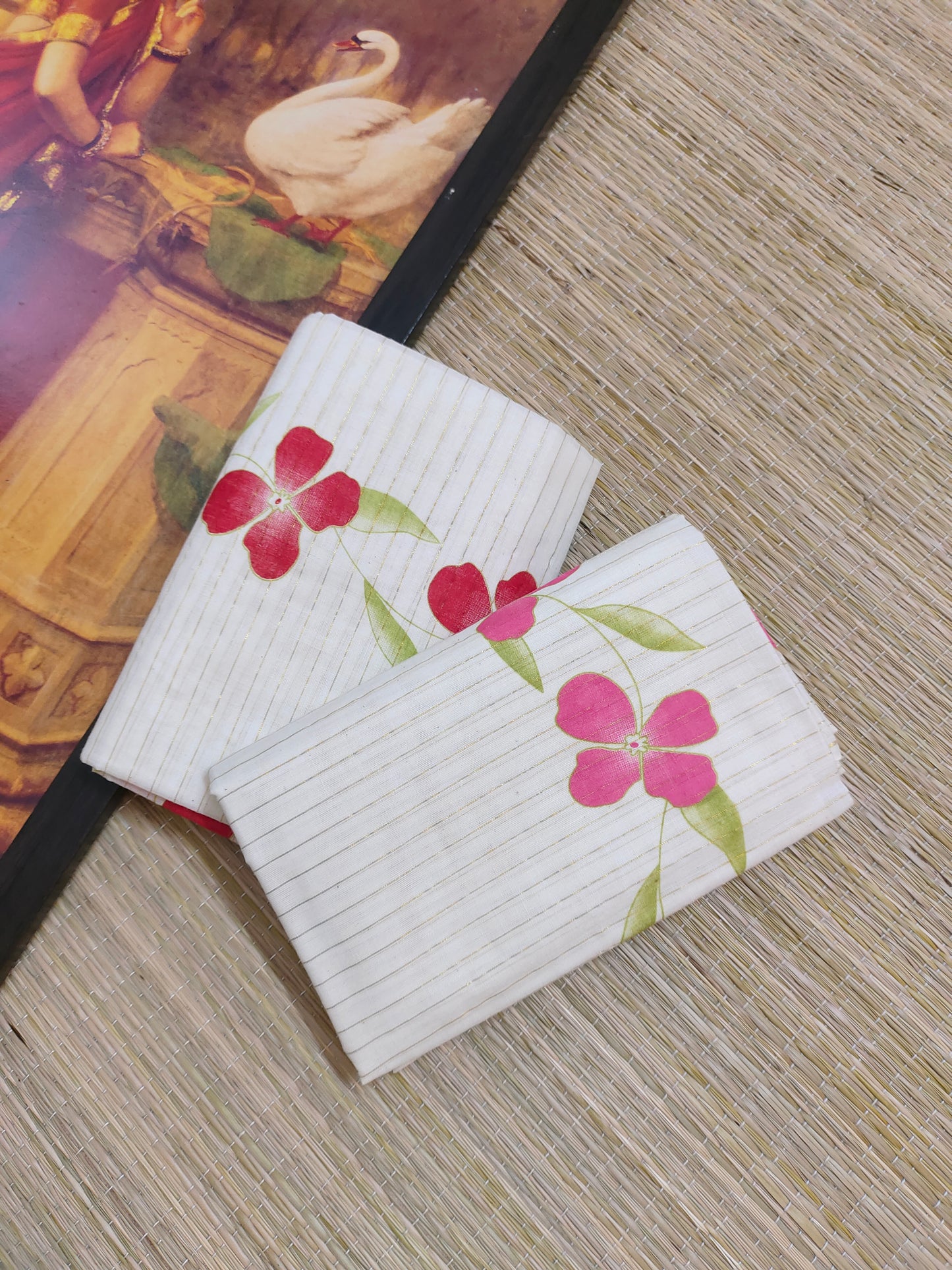Pure cotton Kerala Set Mundu featuring all-over stripes and bright floral prints (2.80m).