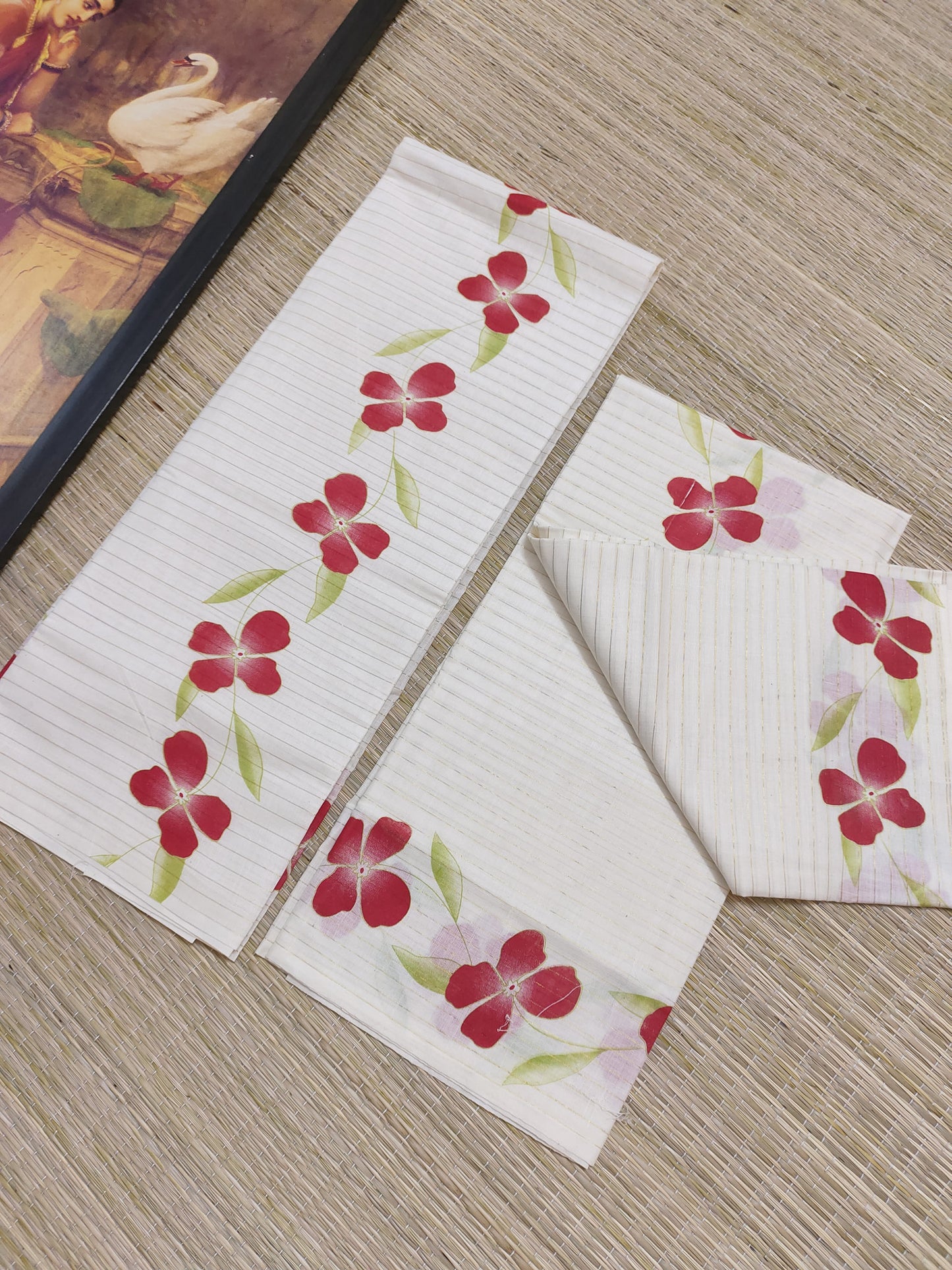 Pure cotton Kerala Set Mundu featuring all-over stripes and bright floral prints (2.80m).