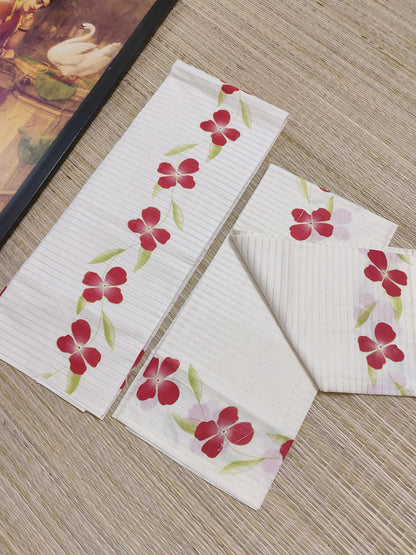Pure cotton Kerala Set Mundu featuring all-over stripes and bright floral prints (2.80m).