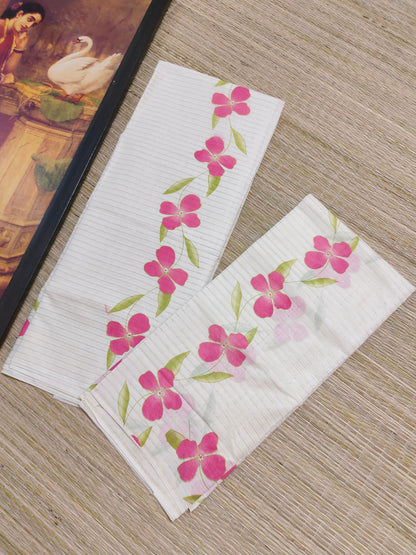 Pure cotton Kerala Set Mundu featuring all-over stripes and bright floral prints (2.80m).