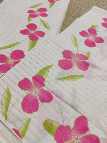 Pure cotton Kerala Set Mundu featuring all-over stripes and bright floral prints (2.80m).
