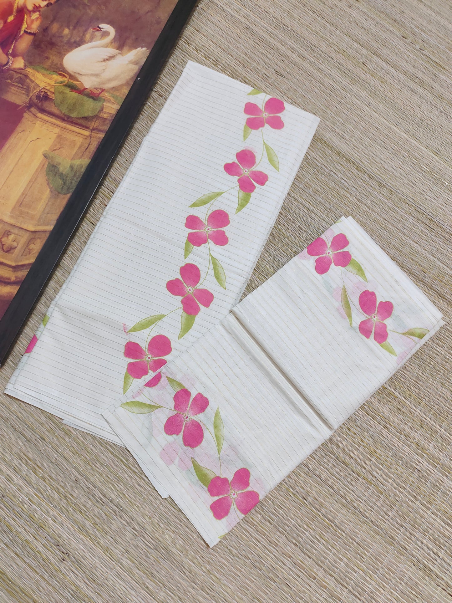 Pure cotton Kerala Set Mundu featuring all-over stripes and bright floral prints (2.80m).