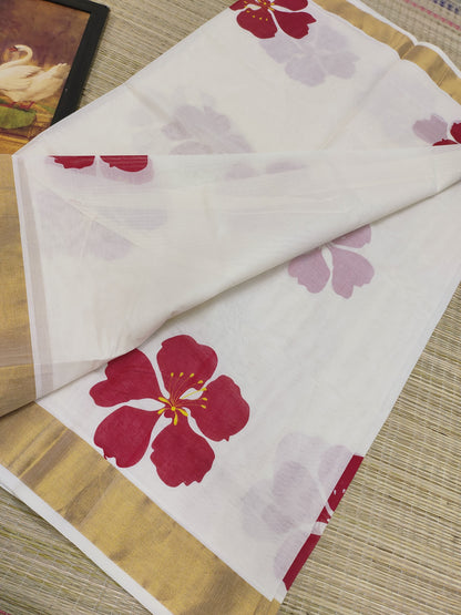 Premium Cotton Saree With Floral Print And Floral Printed Blouse.
