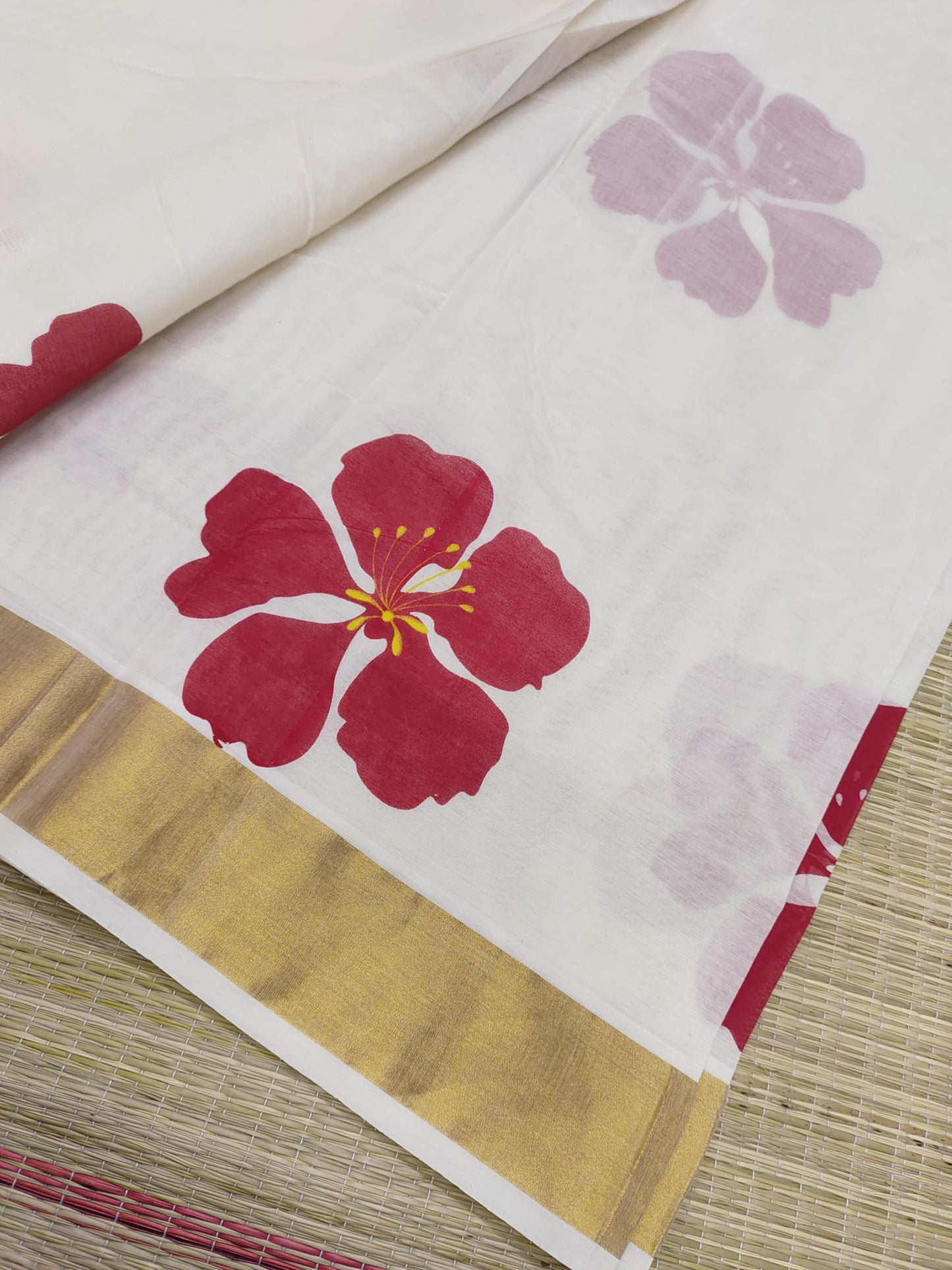 Premium Cotton Saree With Floral Print And Floral Printed Blouse.