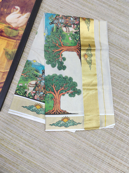 Golden tissue saree with mural prints and a plain running blouse