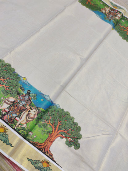 Golden tissue saree with mural prints and a plain running blouse