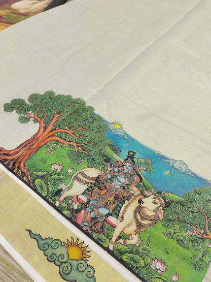 Golden tissue saree with mural prints and a plain running blouse