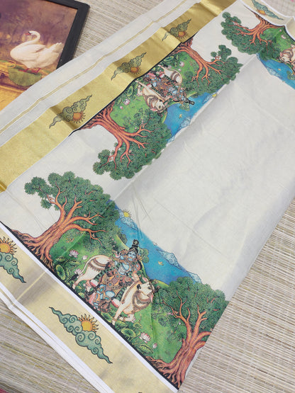 Golden tissue saree with mural prints and a plain running blouse