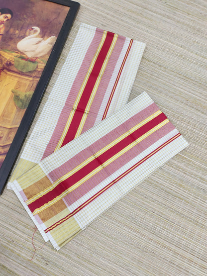 Pure cotton Kerala Set Mundu with all-over zari checks (2.80m).