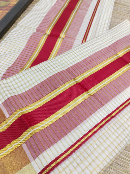 Pure cotton Kerala Set Mundu with all-over zari checks (2.80m).