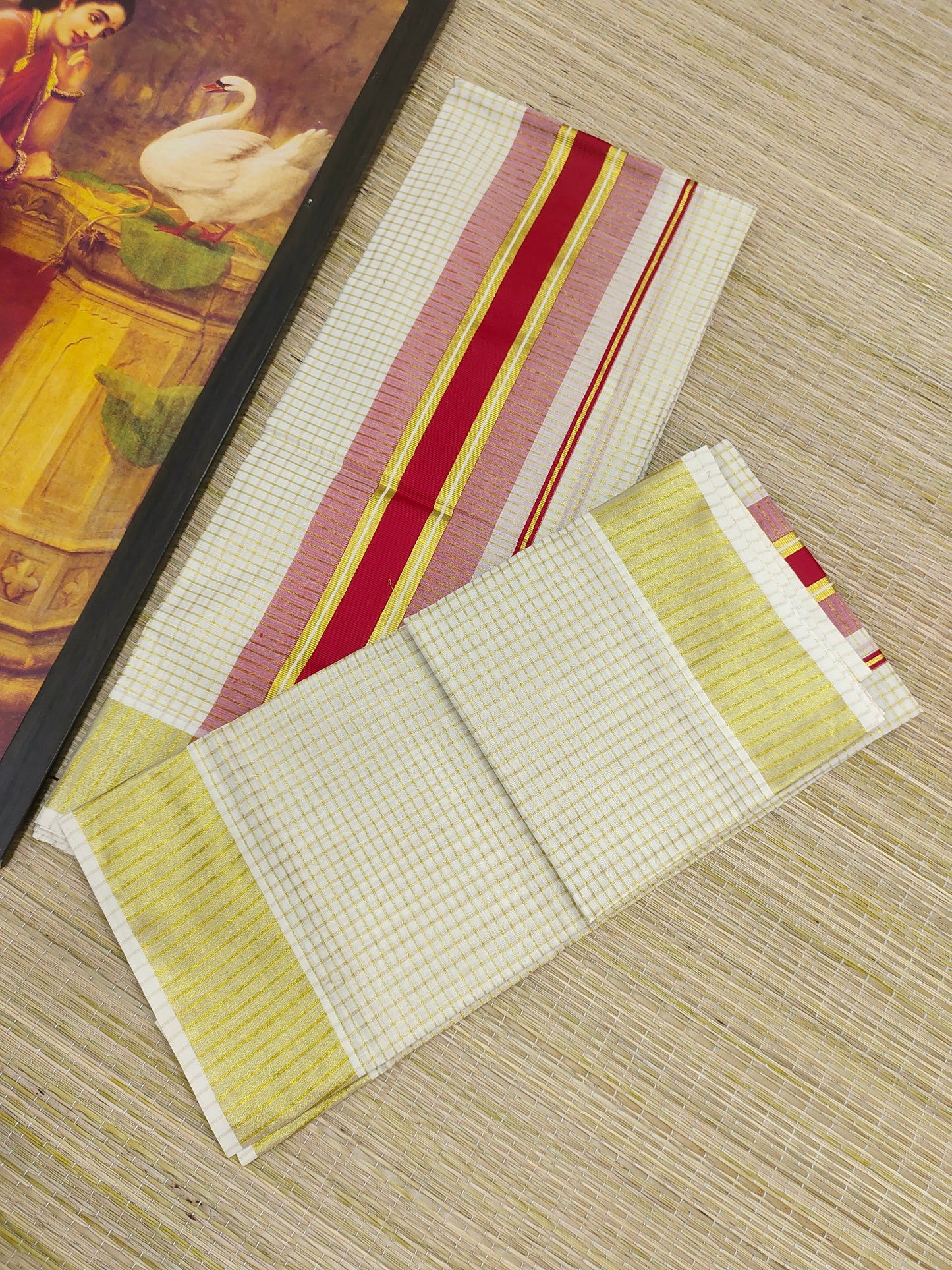Pure cotton Kerala Set Mundu with all-over zari checks (2.80m).