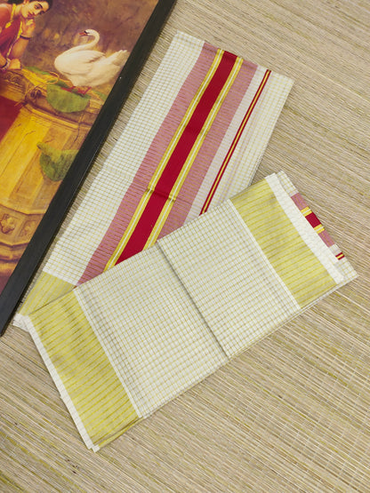 Pure cotton Kerala Set Mundu with all-over zari checks (2.80m).