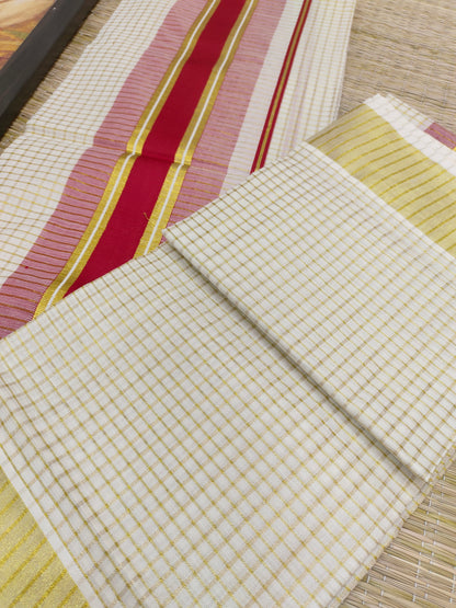 Pure cotton Kerala Set Mundu with all-over zari checks (2.80m).