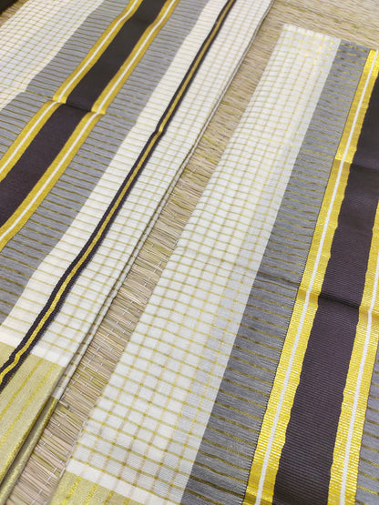 Pure cotton Kerala Set Mundu with all-over zari checks (2.80m).