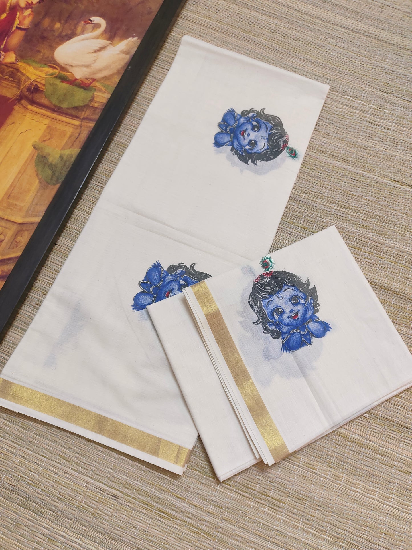 Pure cotton Kerala Set Mundu with Little Krishna mural prints (2.80m)