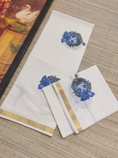 Pure cotton Kerala Set Mundu with Little Krishna mural prints (2.80m)
