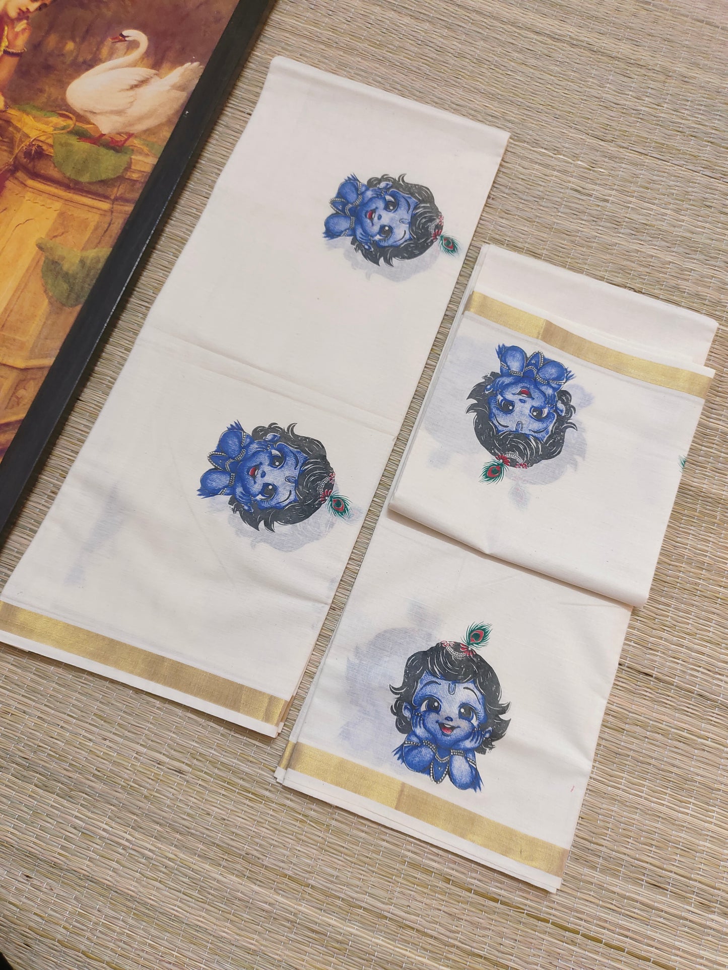 Pure cotton Kerala Set Mundu with Little Krishna mural prints (2.80m)