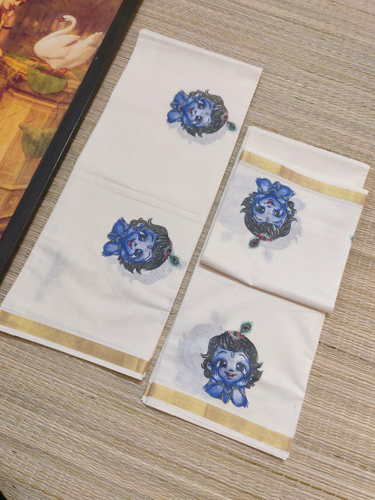 Pure cotton Kerala Set Mundu with Little Krishna mural prints (2.80m)