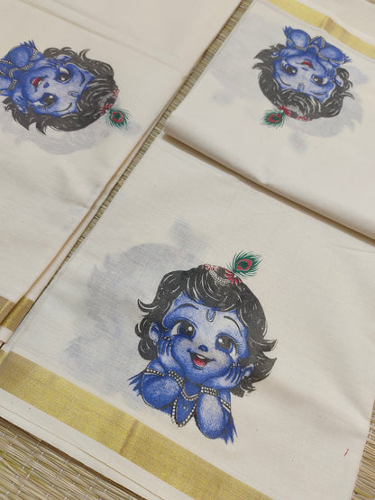 Pure cotton Kerala Set Mundu with Little Krishna mural prints (2.80m)
