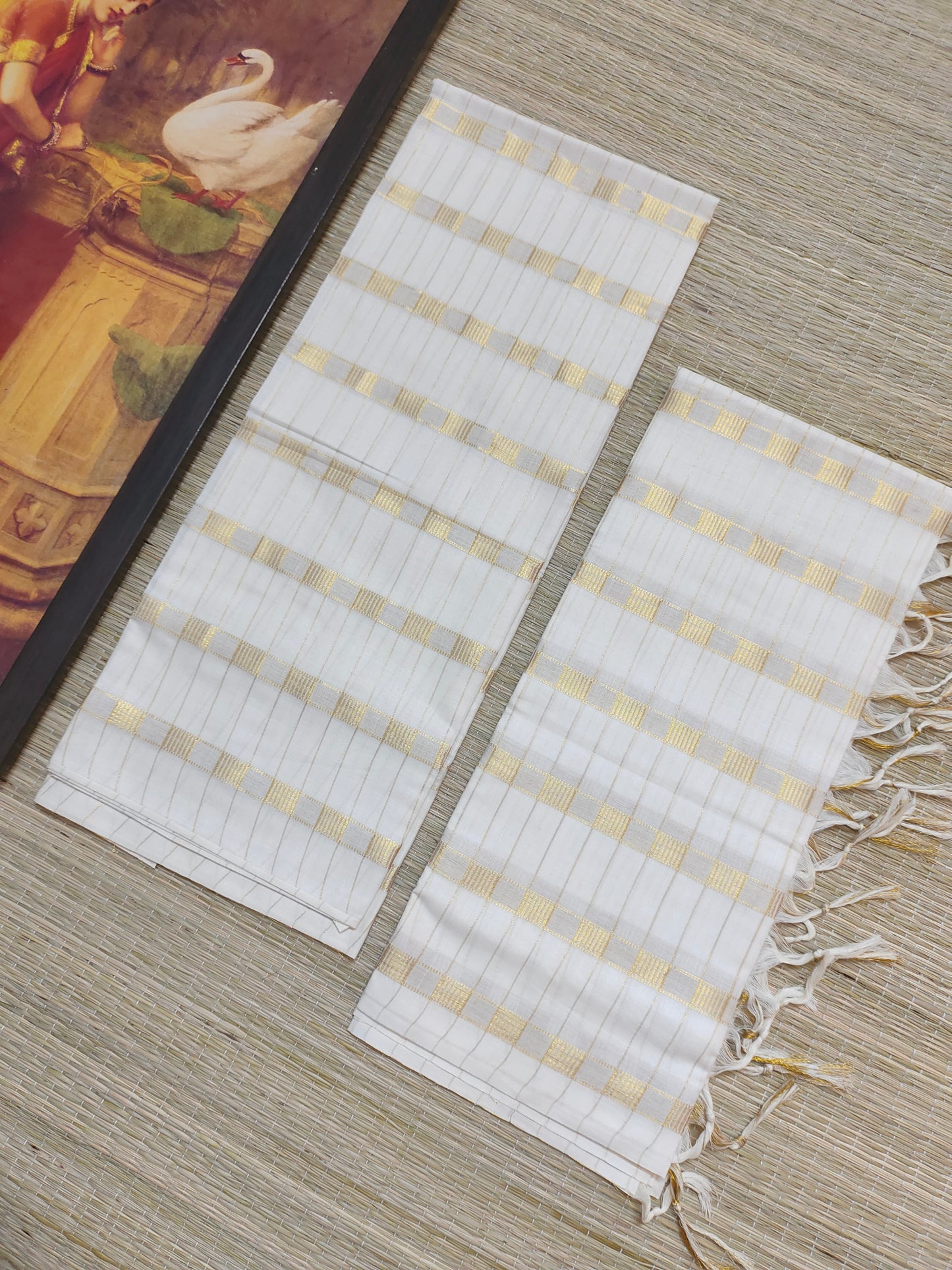 Pure cotton Kerala Set Mundu with all-over zari checks and tassels (2.80m).