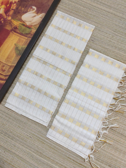 Pure cotton Kerala Set Mundu with all-over zari checks and tassels (2.80m).