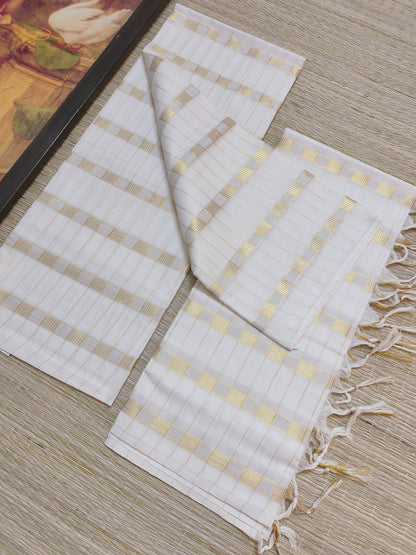 Pure cotton Kerala Set Mundu with all-over zari checks and tassels (2.80m).