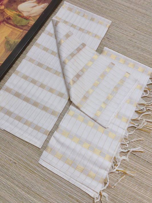 Pure cotton Kerala Set Mundu with all-over zari checks and tassels (2.80m).