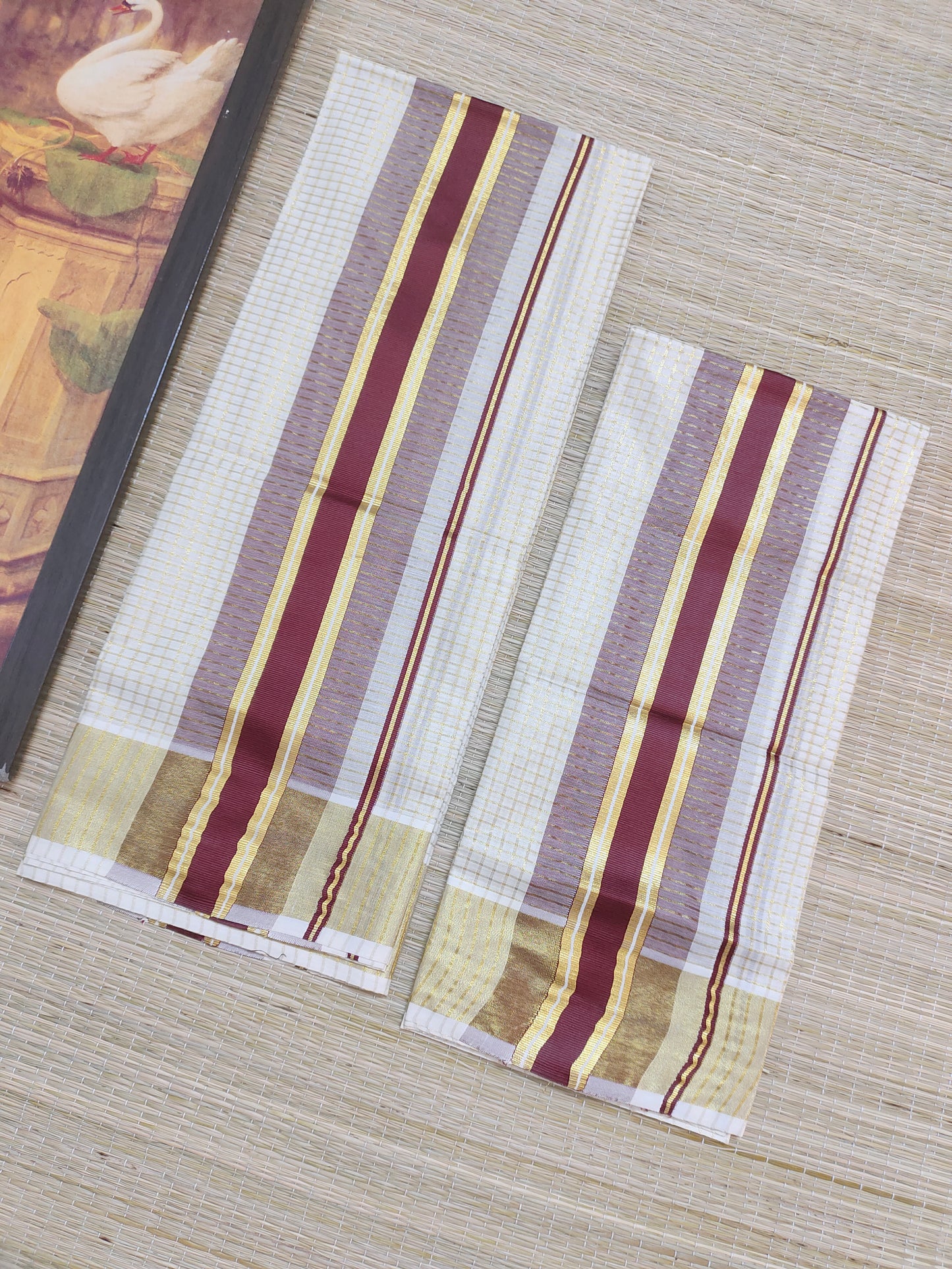 Pure cotton Kerala Set Mundu with all-over zari checks (2.80m).