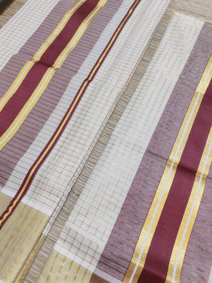 Pure cotton Kerala Set Mundu with all-over zari checks (2.80m).
